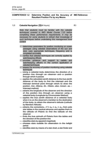STW 44/3/3
Annex, page 60
I:STW443-3.doc
COMPETENCE 1.2 Determine Position and the Accuracy of
Resultant Position Fix by any Means
IMO Reference
1.1 Celestial Navigation (1024 hours) R1
Note that students must be familiar with the celestial
techniques covered in IMO Model Course 7.03 before
completing these performance requirements. It may be
necessary for some students to refresh their knowledge of
such techniques before undertaking this management level
content
- determines parameters for position monitoring on ocean
passages using celestial observations of the sun and
stars uses appropriate techniques, frequency and is
completed accurately
- verifies that celestial techniques are correctly applied by
watchkeeping officers
- provides guidance and support to cadets and
watchkeeping officers in the correct application of
celestial techniques
- assess the accuracy of position monitoring using celestial
techniques
- Using a celestial body determines the direction of a
position line through an observer and a position
through which it passes
- applies the calculated zenith distance to the true zenith
distance of the body to find the intercept and the
intercept terminal point through which to draw the
position line (Marcq St. Hilaire also known as :
Intercept method)
- obtains the longitude of the observer and the direction
of the position line through an observer using a
celestial body (Longitude by Chronometer Method)
- applies the true zenith distance of a celestial body
when it is on the observer's meridian to the declination
of the body, to obtain the observer's latitude (Latitude
by Meridian Altitude)
- obtains the corrections, -1°+ a₀ + a₁ + a₂, from pole
star tables in the nautical almanac and applies them to
the altitude of Polaris to find the latitude of the
observer
- finds the true azimuth of Polaris from the tables and
the direction of the position line
- classifies stars by apparent magnitude
- chooses stars suitable for observation in the twilight
period
- identifies stars by means of a star chart, a star finder and
 