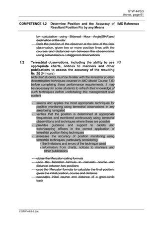 STW 44/3/3
Annex, page 61
I:STW443-3.doc
COMPETENCE 1.2 Determine Position and the Accuracy of
Resultant Position Fix by any Means
IMO Reference
by calculation using Sidereal Hour Angle(SHA)and
declination of the star
- finds the position of the observer at the time of the final
observation, given two or more position lines with the
courses and distances run between the observations
using simultaneous / staggered observations
1.2 Terrestrial observations, including the ability to use
appropriate charts, notices to mariners and other
publications to assess the accuracy of the resulting
fix (16 24 hours)
Note that students must be familiar with the terrestrial position
determination techniques covered in IMO Model Course 7.03
before completing these performance requirements. It may
be necessary for some students to refresh their knowledge of
such techniques before undertaking this management level
content
- selects and applies the most appropriate techniques for
position monitoring using terrestrial observations in any
area being navigated
- verifies that the position is determined at appropriate
frequencies and monitored continuously using terrestrial
observations and techniques where these are possible
- provides guidance and support to cadets and
watchkeeping officers in the correct application of
terrestrial position fixing techniques
- assesses the accuracy of position monitoring using
terrestrial techniques, particularly considering:
- the limitations and errors of the technique used
- information from charts, notices to mariners and
other publications
R1
- states the Mercator sailing formula
- uses the Mercator formula to calculate course and
distance between two positions
- uses the Mercator formula to calculate the final position,
given the initial position, course and distance
- calculates initial course and distance of a great-circle
track
 