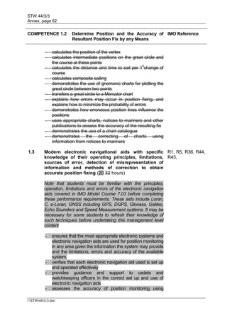 STW 44/3/3
Annex, page 62
I:STW443-3.doc
COMPETENCE 1.2 Determine Position and the Accuracy of
Resultant Position Fix by any Means
IMO Reference
- calculates the position of the vertex
- calculates intermediate positions on the great circle and
the course at these points
- calculates the distance and time to sail per 10
change of
course
- calculates composite sailing
- demonstrates the use of gnomonic charts for plotting the
great circle between two points
- transfers a great circle to a Mercator chart
- explains how errors may occur in position fixing, and
explains how to minimize the probability of errors
- demonstrates how erroneous position lines influence the
positions
- uses appropriate charts, notices to mariners and other
publications to assess the accuracy of the resulting fix
- demonstrates the use of a chart catalogue
- demonstrates the correcting of charts using
information from notices to mariners
1.3 Modern electronic navigational aids with specific
knowledge of their operating principles, limitations,
sources of error, detection of misrepresentation of
information and methods of correction to obtain
accurate position fixing (20 32 hours)
Note that students must be familiar with the principles,
operation, limitations and errors of the electronic navigation
aids covered in IMO Model Course 7.03 before completing
these performance requirements. These aids include Loran,
C, e-Loran, GNSS including GPS, DGPS, Glonass, Galileo,
Echo Sounders and Speed Measurement systems. It may be
necessary for some students to refresh their knowledge of
such techniques before undertaking this management level
content
R1, R5, R36, R44,
R45,
- ensures that the most appropriate electronic systems and
electronic navigation aids are used for position monitoring
in any area given the information the system may provide
and the limitations, errors and accuracy of the available
system.
- verifies that each electronic navigation aid used is set up
and operated effectively
- provides guidance and support to cadets and
watchkeeping officers in the correct set up and use of
electronic navigation aids
- assesses the accuracy of position monitoring using
 