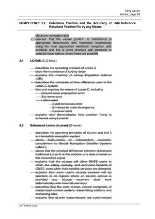 STW 44/3/3
Annex, page 63
I:STW443-3.doc
COMPETENCE 1.2 Determine Position and the Accuracy of
Resultant Position Fix by any Means
IMO Reference
electronic navigation aids
- ensures that the vessel position is determined at
appropriate frequencies and monitored continuously
using the most appropriate electronic navigation aids
available and this is cross checked with terrestrial or
celestial observations where these are possible
3.1 LORAN-C (2 hour)
- describes the operating principle of Loran-C
- state the importance of coding delay
- explains the meaning of Group Repetition Interval
(GRI)
- describes the principles of time difference used in the
Loran-C system
- lists and explains the errors of Loran-C, including
- Ground wave propagation error
- Sky wave error
- Lattice error
- Synchronisation error
- Envelope to cycle discrepancy
- Receiver error
- explains and demonstrates how position fixing is
achieved using Loran-C
3.2 Enhanced Loran (eLoran) (3 hours)
- describes the operating principles of eLoran and that it
is a terrestrial navigation system
- states thateLoranis an independent, dissimilar,
complement to Global Navigation Satellite Systems
(GNSS)
- states that the principal difference between eLoranand
traditional Loran-C is the addition of a data channel on
the transmitted signal
- explains that the eLoran will allow GNSS users to
retain the safety, security, and economic benefits of
GNSS, even when their satellite services are disrupted
- explains that each user's eLoran receiver will be
operable in all regions where an eLoran service is
provided and eLoran receivers shall work
automatically, with minimal user input
- describes that the core eLoran system comprises of
modernized control centers, transmitting stations and
monitoring sites
- explains that eLoran transmissions are synchronized
 