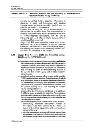 STW 44/3/3
Annex, page 72
I:STW443-3.doc
COMPETENCE 1.2 Determine Position and the Accuracy of
Resultant Position Fix by any Means
IMO Reference
integrity is verified before essential information is
displayed or used and Information with doubtful
integrity should be clearly marked by the INS and not
used for automatic control systems
- explains that the Integrated Bridge Systems (IBS) is 'a
combination of systems which are interconnected in
order to allow centralised access to sensor information
or command/control workstations, with the aim of
increasing safe and efficient ship's management by
suitably qualified personnel'
- states that IBS recommendation apply to a system
performing two or more operations, namely: passage
execution; communication; machinery control; loading,
discharging and cargo control; and safety and security
- describes the limitations of the systems
3.10 Voyage Data Recorder (VDR) and Simplified Voyage
Data Recorder (S-VDR) (3 hours)
- explains that Voyage data recorder (VDR)and
Simplified Voyage Data Recorder (S-VDR)means a
complete system, including any items required to
interface with the sources of input data, for processing
and encoding the data, the final recording medium in
its capsule, the power supply and dedicated reserve
power source
- explains that the purpose of a voyage data recorder
(VDR) and Simplified Voyage Data Recorder (S-VDR)
is to maintain a store, in a secure and retrievable form,
of information concerning the position, movement,
physical status, command and control of a vessel over
the period leading up to and following an incident
having an impact thereon
- explains that the Information contained in a VDR and
S-VDR is made available to both the Administration
and the ship owner and this information is for use
during any subsequent investigation to identify the
cause(s) of the incident
- describe the operation of a VDR and S-VDR, that is it
- continuously maintains sequential records of
preselected data items relating to the status and
output of the ship's equipment, and command and
control of the ship
- permits subsequent analysis of factors surrounding
an incident, the method of recording ensures that
the various data items are co-related in date and
 