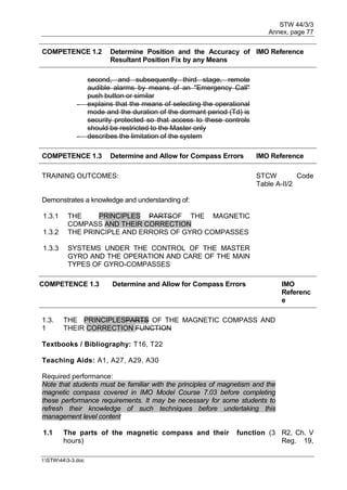 STW 44/3/3
Annex, page 77
I:STW443-3.doc
COMPETENCE 1.2 Determine Position and the Accuracy of
Resultant Position Fix by any Means
IMO Reference
second, and subsequently third stage, remote
audible alarms by means of an "Emergency Call"
push button or similar
- explains that the means of selecting the operational
mode and the duration of the dormant period (Td) is
security protected so that access to these controls
should be restricted to the Master only
- describes the limitation of the system
COMPETENCE 1.3 Determine and Allow for Compass Errors IMO Reference
TRAINING OUTCOMES: STCW Code
Table A-II/2
Demonstrates a knowledge and understanding of:
1.3.1 THE PRINCIPLES PARTSOF THE MAGNETIC
COMPASS AND THEIR CORRECTION
1.3.2 THE PRINCIPLE AND ERRORS OF GYRO COMPASSES
1.3.3 SYSTEMS UNDER THE CONTROL OF THE MASTER
GYRO AND THE OPERATION AND CARE OF THE MAIN
TYPES OF GYRO-COMPASSES
COMPETENCE 1.3 Determine and Allow for Compass Errors IMO
Referenc
e
1.3.
1
THE PRINCIPLESPARTS OF THE MAGNETIC COMPASS AND
THEIR CORRECTION FUNCTION
Textbooks / Bibliography: T16, T22
Teaching Aids: A1, A27, A29, A30
Required performance:
Note that students must be familiar with the principles of magnetism and the
magnetic compass covered in IMO Model Course 7.03 before completing
these performance requirements. It may be necessary for some students to
refresh their knowledge of such techniques before undertaking this
management level content
1.1 The parts of the magnetic compass and their function (3
hours)
R2, Ch. V
Reg. 19,
 