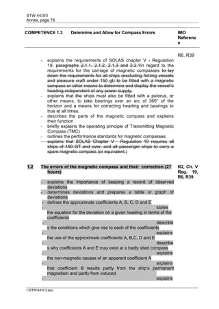 STW 44/3/3
Annex, page 78
I:STW443-3.doc
COMPETENCE 1.3 Determine and Allow for Compass Errors IMO
Referenc
e
R6, R39
- explains the requirements of SOLAS chapter V - Regulation
19, paragraphs 2.1.1, 2.1.2, 2.1.3 and 2.2.1in regard to the
requirements for the carriage of magnetic compasses to lay
down the requirements for all ships (excluding fishing vessels
and pleasure craft under 150 gt) to be fitted with a magnetic
compass or other means to determine and display the vessel's
heading independent of any power supply.
- explains that the ships must also be fitted with a pelorus, or
other means, to take bearings over an arc of 360° of the
horizon and a means for correcting heading and bearings to
true at all times.
- describes the parts of the magnetic compass and explains
their function
- briefly explains the operating principle of Transmitting Magnetic
Compass (TMC)
- outlines the performance standards for magnetic compasses
- explains that SOLAS Chapter V - Regulation 19 requires all
ships of 150 GT and over, and all passenger ships to carry a
spare magnetic compass (or equivalent.)
1.2 The errors of the magnetic compass and their correction (27
hours)
R2, Ch. V
Reg. 19,
R6, R39
- explains the importance of keeping a record of observed
deviations
- determines deviations and prepares a table or graph of
deviations
- defines the approximate coefficients A, B, C, D and E
- states
the equation for the deviation on a given heading in terms of the
coefficients
- describe
s the conditions which give rise to each of the coefficients
- explains
the use of the approximate coefficients A, B,C, D and E
- describe
s why coefficients A and E may exist at a badly sited compass
- explains
the non-magnetic causes of an apparent coefficient A
- explains
that coefficient B results partly from the ship's permanent
magnetism and partly from induced
- explains
 
