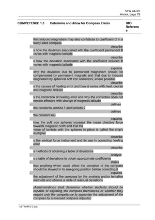STW 44/3/3
Annex, page 79
I:STW443-3.doc
COMPETENCE 1.3 Determine and Allow for Compass Errors IMO
Referenc
e
that induced magnetism may also contribute to coefficient C in a
badly sited compass
- describe
s how the deviation associated with the coefficient permanent B
varies with magnetic latitude
- describe
s how the deviation associated with the coefficient induced B
varies with magnetic latitude
- explains
why the deviation due to permanent magnetism should be
compensated by permanent magnets and that due to induced
magnetism by spherical soft iron correctors, where possible
- describe
s the causes of heeling error and how it varies with heel, course
and magnetic latitude
- describe
s the correction of heeling error and why the correction does not
remain effective with change of magnetic latitude
- defines
the constants lambda 1 and lambda 2
- defines
the constant mu
- explains
how the soft iron spheres increase the mean directive force
towards magnetic north and that the
value of lambda with the spheres in place is called the ship's
multiplier
- describe
s the vertical force instrument and its use in correcting heeling
error
- describe
s methods of obtaining a table of deviations
- analyse
s a table of deviations to obtain approximate coefficients
- states
that anything which could affect the deviation of the compass
should be stowed in its sea-going position before correcting it
- explains
the adjustment of the compass by the analysis and/or tentative
methods and obtains a table of residual deviations
(Administrations shall determine whether students should be
capable of adjusting the compass themselves or whether they
require only the competence to supervise the adjustment of the
compass by a licensed compass adjuster)
 