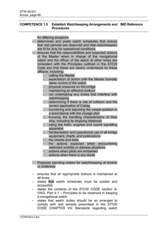 STW 44/3/3
Annex, page 86
I:STW443-3.doc
COMPETENCE 1.5 Establish Watchkeeping Arrangements and
Procedures
IMO Reference
for differing situations
- determines and posts watch schedules that ensure
that rest periods are observed and that watchkeepers
are fit for duty for operational conditions
- ensures that the responsibilities and expected actions
of the Master when in charge of the navigational
watch and the officer of the watch at other times are
consistent with the Principles outlined in the STCW
Code and that these are clearly understood by these
officers, including:
- calling the Master
- expectation of action until the Master formally
takes control of the watch
- physical presence on the bridge
- maintaining an effective lookout
- not undertaking any duties that interfere with
watchkeeping
- determining if there is risk of collision and the
correct application of Colreg
- monitoring and adjusting the vessel position in
a accordance with the voyage plan
- knowing the handling characteristics of their
ship, including its stopping distances
- using the helm, engines and sound signalling
apparatus
- familiarisation and operational use of all bridge
equipment, charts, and publications
- the checks and tests
- the actions expected when encountering
restricted visibility or distress situations
- actions when pilots are embarked
- actions when there is any doubt
- Prepares standing orders for watchkeeping at anchor
or underway
- ensures that an appropriate lookout is maintained at
all times
- states that watch schedules must be posted and
accessible
- states the contents of the STCW CODE section A-
VIII/2, Part 4-1 – Principles to be observed in keeping
a navigational watch
- states that watch duties should be so arranged to
comply with rest periods prescribed in the STCW
CODE CHAPTER VIII Standards regarding watch
 