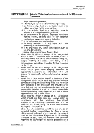 STW 44/3/3
Annex, page 89
I:STW443-3.doc
COMPETENCE 1.5 Establish Watchkeeping Arrangements and
Procedures
IMO Reference
ships are causing concern;
3. if difficulty is experienced in maintaining course;
4. on failure to sight land, or a navigation mark or to
obtain soundings by the expected time;
5. if, unexpectedly, land or a navigation mark is
sighted or a change in soundings occurs;
6. on breakdown of the engines, propulsion machinery
remote control, steering gear or any essential
navigational equipment, alarm or indicator;
7. if the radio equipment malfunctions;
8. in heavy weather, if in any doubt about the
possibility of weather damage;
9. if the ship meets any hazard to navigation, such as
ice or a derelict; and
10.in any other emergency or if in any doubt
- states that the officer in charge of the navigational
watch, should not hesitate to take immediate action for
the safety of the ship, where circumstances so require,
despite notifying the master immediately in the
circumstances considered important for his presence
on the bridge
- states that the officer in charge of the navigational
watch should give watch keeping personnel all
appropriate instructions and information which will
ensure the keeping of a safe watch, including a proper
lookout
- states that in clear weather the officer in charge of the
navigational watch should take frequent and accurate
compass bearings of approaching ships as a means of
early detection of risk of collision and should bear in
mind that such risk may sometimes exist even when an
appreciable bearing change is evident, particularly
when approaching a very large ship or a tow or when
approaching a ship at close range
- states that the officer in charge of the navigational
watch should also take early and positive action in
compliance with the applicable International
Regulations for Preventing Collisions at Sea, 1972, as
amended and subsequently check that such action is
having the desired effect
- states that when restricted visibility is encountered or
expected, the first responsibility of the officer in charge
of the navigational watch is to comply with the relevant
rules of the International Regulations for Preventing
Collisions at Sea, 1972, as amended with particular
regard to the sounding of fog signals, proceeding at a
 