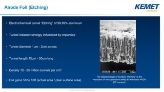 © KEMET Electronics. All Rights Reserved.
Anode Foil (Etching)
• Electrochemical tunnel “Etching” of 99.99% aluminum
• Tunnel initiation strongly influenced by impurities
• Tunnel diameter 1um - 2um across
• Tunnel length 15um - 50um long
• Density 10 - 25 million tunnels per cm2
• Foil gains 50 to 100 (actual area / plain surface area)
The disadvantage of Surface “Etching” is the
reduction of the capacitors ability to withstand HIGH
DC currents
 