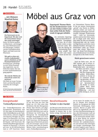 28 · Handel ·
Nr. 24 · 3. Juli 2015
Steirische Wirtschaft
Möbel aus Graz von
Exportprofi: Thomas Maitz
hat die Kinderzimmer rund
um den Globus erobert und
lässt selbst Kids der Holly-
wood-A-Liga gut schlafen.
Am steirischen Exporttag
trafensichdieseWocheer-
folgreiche Grenzgänger
und jene, die es noch
werden wollen (s. dazu
Interview links). Wie
man den Sprung ins
internationale Busi-
ness schafft? Das
weiß wohl keiner
besser als der Gra-
zer Unternehmer Thomas Maitz.
Er hat mit seinem Unternehmen
„perludi“ eine Nische im Möbel-
Business erobert und macht mit
ökologisch nachhaltigen und funk-
tionalen Lösungen Kinderträume
wahr – nicht nur hierzulande,
sondernrundumdenGlobus.Doch
das ist längst nicht alles: Maitz
lässt selbst die Kids aus höchstem
Hollywood-Adel oder der Londo-
nerHigh-SocietyaufAmber,einem
faltbaren Hochbett, überzogen mit
heimischem Loden, gut schlum-
mern oder schickt „Max-in-the-
Box“, ein Sessel-Tisch-Modulsys-
tem,inKinderzimmervomNorden
Europas bis in den Süden Asiens.
Markt gemeinsam nutzen
Doch der Reihe nach: „Als ich
2007 startete, gab es keinen ei-
genen Markt für hochqualitative
Kindermöbel mehr – das endete in
den 50ern und 60ern“, erzählt
der gelernte Tischler.
Mit dem Siegeszug der
großen Möbel-Mono-
polisten in Europa sei
es zusätzlich schwie-
rig geworden, als klei-
ner Unternehmer rein
auf Spezialprodukte
für Kinder zu setzen,
erklärt Maitz. Seine
Lösung: Internationa-
lisierung – und zwar
von Anfang an. „Es war
Energiehandel
Treibstoffpreismonitor
Der Treibstoffpreismonitor der
Europäischen Kommission vom
22. Juni zeigt: Die durchschnittli-
chen Treibstoffpreise an der Tank-
stelle (Brutto, inklusive Abgaben
und Steuern) betragen für Euro-
super 95 in Österreich 1,291 Euro
pro Liter und im Schnitt aller 28
EU-Staaten 1,495 Euro/Liter. Bei
Dieselkraftstoff betragen die Brut-
topreise in Österreich 1,178 Euro
pro Liter, im EU-28-Durchschnitt
sind es 1,299 Euro/Liter. Damit
liegen in Österreich Eurosuper
95 um 20,4 Cent pro Liter und
Diesel um 12,1 Cent unter dem
EU-Schnitt. Bei den Nettopreisen
(Preise ohne Steuern und Abga-
ben) liegt Eurosuper 95 in Öster-
reich bei 0,582 Euro/Liter und im
EU-Schnitt bei 0,592 Euro. Die
Nettopreise für Dieselkraftstoff
betragen hierzulande 0,572 Euro
pro Liter, im EU-Vergleich sind es
0,581 Euro/Liter. Die Nettopreise
liegen also in Österreich um einen
Cent bei Eurosuper und 0,9 Cent
bei Diesel unter dem EU-Schnitt.
Weitere Infos: www.bmwfw.gv.at
unter „Treibstoffpreismonitor“.
Berufsinfowoche
Schüler in den Handel
Auf Wunsch vieler Schulen wurde
die Berufsinformationswoche des
Handels in diesem Jahr in den
Herbst verlegt. Und auch der Ort
ist ein neuer: So werden von 12.
bis 16. Oktober 2015 hunderte
Schüler im Europasaal der WKO
Steiermark (Körblergasse, Graz)
erwartet. Worum es geht? Hier
gibt es für Jugendliche, die kurz
vor ihrer Berufsentscheidung ste-
hen, alle Informationen rund um
Möglichkeiten und Karrierechan-
cen im heimischen Handel. Eben-
so ist diese Woche ein wichter
Netzwerktag für Unternehmer ,
Vertreter der Landesberufsschu-
len und natürlich den Lehrlingen
von morgen. Anmeldungen sind
ab sofort möglich unter: http://ti-
nyurl.com/pg7jd89. Alle weiteren
In Kürze
… mit Obmann
Manfred Kainz
Die Steiermark ist ein
Exportland. Wo aber sind
die Unternehmer beson-
ders stark unterwegs?
Kainz: Die Steirer punkten
im Maschinen- und Anlagen-
bau, dem Mobilitätscluster
mit Fahrzeugen, Luftfahrt
und der Eisenbahntechnik,
Papier und Stahl sowie der
Pharmazie.
Wie geht es dem stei-
rischen Außenhandel –
auch in Hinblick auf die
Russland-Sanktionen?
Prinzipiell gut, allerdings
ist zum Thema Russland
das eingetreten, was wir
befürchtet haben: Hier hat
es einen Außenhandelsrück-
gang gegeben.
Wo sind die Märkte der
Zukunft für unsere Ex-
porteure?
Das Nahe ist so gut: Europa,
Asien und Amerika spielen
weiterhin die wichtigen
Rollen.
M. Kainz ist steirischer Außenhandelsob-
mann und CEO der TCM International.
Interview
Thomas Maitz auf
„Max-in-the-Box“.
www.perludi.com
Foto:Perludi
Foto:Fischer
Schüler informieren sich im Handel
 