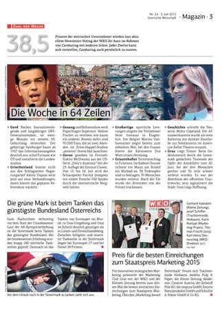 · Magazin · 3
Nr. 24 · 3. Juli 2015
Steirische Wirtschaft
Die Woche in 64 Zeilen
‣‣Gerd Bacher, Journalistenle-
gende und langjähriger ORF-
Generalintendant, ist weni-
ge Monate vor seinem 90.
Geburtstag verstorben. Der
gebürtige Salzburger baute ab
1967 das Informationsangebot
deutlich aus, schuf Formate wie
Ö3 und installierte die Landes-
studios.
‣‣Griechenland kommt nicht
aus den Schlagzeilen: Regie-
rungschef Alexis Tsipras setzt
jetzt auf neue Verhandlungen,
damit könnte das geplante Re-
ferendum wackeln.
‣‣Gesang undBühnenshowweiß
Popschlager-Superstar Helene
Fischer zu vereinen wie kaum
ein anderer. Beweis dafür sind
90.000 Fans, die an zwei Aben-
den im Ernst-Happel-Stadion
„atemlos“ ihrem Idol lauschten.
‣‣Gerne gesehen ist Fernseh-
Doktor McDreamy aus der US-
Serie „Grey’s Anatomy“ bei der
23. Auflage der Ennstal Classic.
Von 15. bis 18. Juli wird der
Schauspieler Patrick Dempsey
mit einem Porsche 550 Spyder
durch die obersteirische Berg-
welt fahren.
‣‣Großartige sportliche Leis-
tungen zeigten die Teilnehmer
beim Ironman in Klagen-
furt. Der Belgier Marino Van-
hoenacker siegte bereits zum
siebenten Mal, bei den Frauen
feierte die Kärntnerin Eva
Wutti einen Heimsieg.
‣‣Grauenhafter Terroranschlag
in Tunesien: Im Badeort Sousse
richtete ein Mann am Strand
ein Blutbad an. 38 Todesopfer
sind zu beklagen, 39 Menschen
wurden verletzt. Nach der Tat
wurde der Attentäter von der
Polizei erschossen.
‣‣Geschichte schreibt die Tän-
zerin Misty Copeland: Die Af-
roamerikanerin wurde als erste
Ballerina mit dunkler Hautfar-
be zur Solotänzerin im Ameri-
can Ballet Theatre ernannt.
‣‣Graz trägt Trauer: Beim Ge-
denkmarsch durch die Innen-
stadt gedachten Tausende der
Opfer der Amokfahrt vom 20.
Juni, bei der drei Menschen
getötet und 36 teils schwer
verletzt wurden. Es war der
Abschluss der offiziellen Trau-
erwoche, jetzt signalisiert die
Stadt: Graz trägt Hoffnung.
Fotos:Syriza;Steiermark.at/Scheriau;F.C.G.-Fotolia;Wikipedia/FredKuhles
Preis für die besten Einreichungen
zum Staatspreis Marketing 2015
Für innovatives strategisches Mar-
keting prämierte der Marketing
Club Graz mit der WKO und der
Kleinen Zeitung bereits zum drit-
ten Mal die besten steirischen Ein-
reichungen zum Staatspreis Mar-
keting.Überden„MarketingAward
Steiermark“ freuen sich Trachten-
mode Hiebaum, Andritz Pulp 
Paper, die Kleine Zeitung Akade-
mie, Creative Austria, die Zellstoff
PölsAG,dieompuraGmbH,Estyria
NaturprodukteGmbHundSchullin
 Söhne GmbH  Co KG.  ■
Die grüne Mark ist beim Tanken das
günstigste Bundesland Österreichs
Gute Nachrichten rechtzeitig
vor dem Start der Urlaubssaison:
Laut der AK-Spritpreiserhebung
ist die Steiermark beim Tanken
das günstigste Bundesland. Bei
derbundesweitenErhebungwur-
den knapp 240 steirische Tank-
stellen geprüft. Demnach ist das
Tanken von Eurosuper im Mur-
tal, in Graz-Umgebung und Graz
im Schnitt deutlich günstiger als
in Liezen und Deutschlandsberg.
Zwischen billigster und teuers-
ter Tankstelle in der Steiermark
liegen bei Eurosuper 17 und bei
Diesel 28 Prozent.  ■
Gerhard Valeskini
(Kleine Zeitung),
Josef Schiffer
(Trachtenmode
Hiebaum), Karin
Ronijak (Marke-
ting-Praxis), Tho-
mas Foscht (Jury),
Karl-Heinz Der-
noscheg (WKO-
Direktor) (v.l.)
Foto: Wolf
Foto:SandorJackal-Fotolia
Vor dem Urlaub noch in der Steiermark zu tanken zahlt sich aus.
Zahl der Woche
38,5
Prozent der steirischen Unternehmer würden laut aktu-
ellem Newsletter-Voting der WKO ihr Auto im Rahmen
von Carsharing mit anderen teilen. Jeder Zweite kann
sich vorstellen, Carsharing auch persönlich zu nutzen.
 