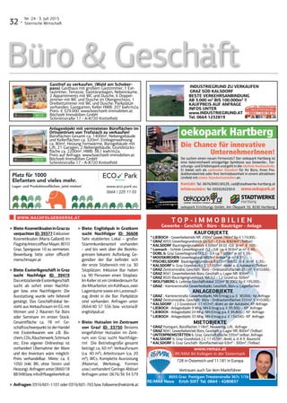 32 ·
Nr. 24 · 3. Juli 2015
Steirische Wirtschaft
Büro  Geschäft
BESTE VERKEHRSANBINDUNG
AB 3.000 m2
BIS 100.000m2
!!
KAUFPREIS AUF ANFRAGE
INFOS UNTER
www.INDUSTRIEGRUND.AT
Tel. 0664 1232819
INDUSTRIEGRUND ZU VERKAUFEN
GRAZ SÜD KALSDORF
Platz für 1000
Elefanten und vieles mehr.
Lager- und Produktionsflächen, jetzt mieten!
0664 / 225 11 03
www.eco-park.eu
Infobroschüre: Tel. 03332/62250-0 www.oekopark.at
Sie suchen einen neuen Firmensitz? Der oekopark Hartberg ist
eine österreichweit einzigartige Symbiose aus Gewerbe-, For-
schungs-undErlebnisparkundgehtindie nächsteAusbaustufe.
Er bietet sich als optimaler Standort für Ihr Büro, Ihren Pro-
duktionsbetrieb oder Ihre Vertriebseinheit in einem attraktiven
Umfeld mit vielen Standortvorteilen an.
Die Chance für innovative
UnternehmerInnen!
oekopark Hartberg
Kontakt: Tel. 0676/840130129, cad@stadtwerke-hartberg.at
oekopark Errichtungs GmbH, Am Ökopark 10, 8230 Hartberg
WWW.nachFolGeboerse.at
‣Anfragen: 0316/601-1101 oder 0316/601-765 bzw. followme@wkstmk.at
www.remax.at
RE/MAX 84 Kollegen in der Steiermark
728 in Österreich und 11.181 in Europa
Vertrauen auch Sie dem Marktführer
8055 Graz Puntigam Triesterstraße 367c 1/1b
Erich SIXT Tel. 0664 - 4280837
KAUFOBJEKTE
* LIEBOCH - Gewerbebetrieb Nﬂ. 200m² Grund 790m² Kp € 174.000,-
* GRAZ 8055 Gewerbegrundstück GG 0,2 - 1,5 ca. 8.824m² (Teilbar)
* KALSDORF Bauträgergrundstück 4.500m² DI 02 -0,6 je m² € 109,-
* Lannach - Schlieb Gewerbegrund 0,2 - 0,8 ca. 4.363m² je m² € 49,-
* DOBL b. Graz Gewerbegrund DI 0,2 - 0,4 ca. 7.600m² je m³ € 59,-
* MOOSKIRCHEN Gewerbegrund 4857m² teilbar² je m³ € 37,-
* PISCHELSDORF Bauträgergrundstück 8.672m² WA 02 -0,4 je m² € 35,-
* KALSDORF b. Graz Grundstück J 2, 17.457m², direkt a. d. Autobahn (Teilbar)
* GRAZ Zentrumsnähe, Geschäft- Büro - Ordinationsﬂächen 251m², € 410.000,-
* GRAZ 8041 Gewerbebetrieb Büro, Geschäft u. Lager Nﬂ. 800m²,
* GRAZ 8020 Bauträgergrundstück WA 0,2 - 1,2 Grund ca. 926m²
* WOLFSBERG b. Leibnitz Geschäftslokal 222m² Bj 2002 Kp € 195.000,-
* GRAZ - Kärntnerstraße Gewerbeobjekt, Geschäft, Büro u. Lagerﬂächen
ANLAGEOBJEKTE
* GRAZ - Kärntnerstraße Gewerbeobjekt, NN Ertrag p.a. € 90.000,- Kp Anfrage
* GRAZ Zentrumsnähe, Geschäft- Büro - Ordinationsﬂächen 251m², € 410.000,-
* KALSDORF - J 2 Grundstück 17.457m², direkt an der Autobahn, KP Anfrage
* LIEBOCH - Anlageobjekt 9 Whg. NN-Ertrag p.a. € 39.300,-,- KP Anfrage
* LIEBOCH - Anlageobjekt 24 Whg. NN-Ertrag p.a. € 94.800,-,- KP Anfrage
* LIEBOCH - Anlageobjekt 33 Whg. NN-Ertrag p.a. € 134.040,- KP Anfrage
MIETOBJEKTE
RE/MAX Nova
RE/MAX 84 Kollegen in der Steiermark
8055 Graz Puntigam Triesterstraße 367c 1/1b
RE/MAX Nova
8055 Graz Puntigam Triesterstraße 367c 1/1b
* GRAZ Puntigam, Büroﬂächen 118m², Neuwertig, Lift, Anfrage
* GRAZ 8041 Gewerbebetrieb Büro, Geschäft u. Lager Nﬂ. 800m² (Teilbar)
* UNTERPREMSTÄTTEN b. Graz, Geschäftsﬂäche 535m² teilbar, Anfrage
* KALSDORF b. Graz Grundstück J 2, 17.457m², direkt a. d. A 9 Baurecht
* KALSDORF b. Graz Geschäft- Büroﬂächen von 63m² - 300m², (Teilbar)
T O P - I M M O B I L I E N
Gewerbe - Geschäﬅ - Büro - Bauträger - Anlage
‣Biete:KosmetiksaloninGrazzu
verpachten ID: 39377 Exklusiver
Kosmetiksalon (Maria Galland) im
FlagshipIntercoiﬀeurMayer,8010
Graz, Sporgasse 10 zu vermieten.
Bewerbung bitte unter office@
menschmayer.at
‣Biete: Englishpub in Gratkorn
sucht Nachfolger ID: 36608
Sehr etabliertes Lokal – großer
Stammkundenanteil vorhanden
- und bis weit über die Bezirks-
grenzen bekannt. Aufteilung: Ge-
genüber der Bar beﬁndet sich
der erste Sitzbereich mit ca. 30
Sitzplätzen. Inklusive Bar haben
ca. 90 Personen einen Sitzplatz.
ImKelleristeinUmkleideraumfür
dieMitarbeiter,einKühlhaus,zwei
LagerräumesowieeinLastenauf-
zug direkt in die Bar. Parkplätze
sind vorhanden. Anfragen unter
0664/40 57 556 bzw. victoria@
englishpub.at
‣Biete: Esoterikgeschäﬅ in Graz
sucht Nachfolge ID: 39419
DasentzückendeEsoterikgeschäft
sucht ab sofort einen Nachfol-
ger bzw. eine Nachfolgerin. Die
Ausstattung wurde sehr liebevoll
getätigt. Das Geschäftslokal be-
steht aus Verkaufsraum im EG mit
Vitrinen und 2 Räumen für Büro
oder Seminare im ersten Stock.
Gesamtﬂäche ca. 78 m. Ge-
schäftsschwerpunktistderHandel
mit Esoterikwaren wie z.B. Bü-
chern,CDs,Räucherwerk,Schmuck
etc. Eine eigener Onlineshop ist
vorhanden! Übernahme der Ware
und des Inventars wäre möglich.
Preis verhandelbar. Miete: ca. €
1050 (inkl. BK, ohne Strom und
Heizung). Anfragen unter 0660/18
88948bzw.info@ﬂuegelverleih.at
‣Biete: Hutsalon im Zentraum
von Graz! ID: 33750 Bestens
eingeführter Hutsalon im Zent-
rum von Graz sucht Nachfolge-
rin! Die Betriebsgröße gesamt
beträgt ca. 60 m²: Verkaufsraum
(ca. 40 m²), Arbeitsraum (ca. 20
m²), WCs. Komplette Ausrüstung
(Material, Werkzeug, Formen
usw.) vorhanden! Geringe Ablöse!
Anfragen unter: 0676/36 34 579
Gasthof zu verkaufen. (Wald am Schober-
pass) Gasthaus mit großem Gastzimmer, 1 Ext-
razimmer, Terrasse, Sanitäranlagen, Nebenräume,
2 Appartements mit WC und Dusche, 6 Doppel-
zimmer mit WC und Dusche im Obergeschoss, 1
Dreibettzimmer mit WC und Dusche. Parkplätze
vorhanden, Gastgarten, Keller HWB: 207 kwh/m2a.
Preis: € 329.000. www.boechzelt-immobilien.at
Böchzelt Immobilien GmbH
Schmittstraße 17 - A-8720 Knittelfeld
Anlageobjekt mit vermieteten Büroﬂächen im
Ortszentrum von Trofaiach zu verkaufen!
Büroﬂächen Gesamt ca. 1400m, Nebengebäude
und Kellerﬂächen ca. 320m, Einliegerwohnung
ca. 80m, Heizung Fernwärme, Bürogebäude mit
Lift, 21 Garagen, 2 Nebengebäude, Grundstücks-
ﬂäche ca. 2200m, HWB: 38,1 kwh/m2a.
Preis auf Anfrage. www.boechzelt-immobilien.at
Böchzelt Immobilien GmbH
Schmittstraße 17 - A-8720 Knittelfeld
 