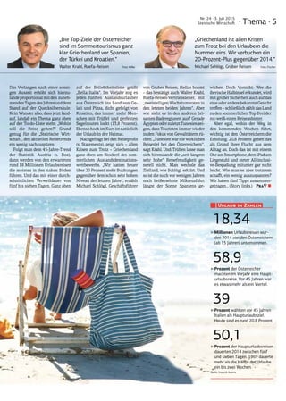 Das Verlangen nach einer sonni-
gen Auszeit erhöht sich hierzu-
landeproportionalmitden zuneh-
mendenTagendesJahresunddem
Stand auf der Quecksilbersäule.
Kein Wunder also, dass jetzt land-
auf, landab ein Thema ganz oben
auf der To-do-Liste steht: „Wohin
soll die Reise gehen?“ Grund
genug für die „Steirische Wirt-
schaft“, den aktuellen Reisetrends
ein wenig nachzuspüren.
Folgt man dem 45-Jahre-Trend
der Statistik Austria (s. Box),
dann werden von den erwarteten
rund 18 Millionen Urlaubsreisen
die meisten in den nahen Süden
führen. Und das mit einer durch-
schnittlichen Verweildauer von
fünf bis sieben Tagen. Ganz oben
auf der Beliebtheitsliste grüßt
„Bella Italia“. Im Vorjahr zog es
jeden fünften Auslandsurlauber
aus Österreich ins Land von Ge-
lati und Pizza, dicht gefolgt von
Kroatien, das immer mehr Men-
schen mit Trüffel und perfekten
Segelrouten lockt (13,8 Prozent).
EbensohochimKursistnatürlich
der Urlaub in der Heimat.
Nachgefragt bei den Reiseprofis
(s. Statements), zeigt sich – allen
Krisen zum Trotz – Griechenland
ganz oben am Stockerl des som-
merlichen Auslandsdestinations-
wettbewerbs. „Wir hatten heuer
über 20 Prozent mehr Buchungen
gegenüber dem schon sehr hohen
Niveau der letzten Jahre“, erzählt
Michael Schlögl, Geschäftsführer
von Gruber Reisen. Hellas boomt
– das bestätigt auch Walter Krahl,
Ruefa-Reisen-Vertriebsleiter, mit
„zweistelligenWachstumsratenin
den letzten beiden Jahren“. Aber
wie sieht es in den anderen bri-
santen Baderegionen aus? Gerade
ÄgyptenoderzuletztTunesienzei-
gen, dass Touristen immer wieder
in den Fokus von Gewalttätern rü-
cken. „Tunesien war nie wirkliches
Reiseziel bei den Österreichern“,
sagt Krahl. Und: Trüben lasse man
sich hierzulande die „seit langem
sehr hohe“ Reisefreudigkeit ge-
nerell nicht. Man wechsle das
Zielland, wie Schlögl erklärt. Und
so ist die noch vor wenigen Jahren
noch heißersehnte Nilkreuzfahrt
längst der Sonne Spaniens ge-
wichen. Doch Vorsicht: Wer die
iberische Halbinsel erkundet, wird
mit großer Sicherheit auch auf das
eine oder andere bekannte Gesicht
treffen – schließlich zählt das Land
zu den sommerlichen Top Drei der
rot-weiß-roten Reiseanbieter.
Aber egal, wohin der Weg in
den kommenden Wochen führt,
wichtig ist den Österreichern die
Erholung. 20,8 Prozent geben das
als Grund ihrer Flucht aus dem
Alltag an. Doch das ist mit einem
Ohr am Smartphone, dem iPad am
Liegestuhl und steter All-inclusi-
ve-Bespaßung mitunter gar nicht
leicht. Wie man es aber trotzdem
schafft, ein wenig auszuspannen?
Wir haben fünf Tipps zusammen-
getragen… (Story links.) PraV ■
„Die Top-Ziele der Österreicher
sind im Sommertourismus ganz
klar Griechenland vor Spanien,
der Türkei und Kroatien.“
Walter Krahl, Ruefa-Reisen Foto: Wilke
„Griechenland ist allen Krisen
zum Trotz bei den Urlaubern die
Nummer eins. Wir verbuchen ein
20-Prozent-Plus gegenüber 2014.“
Michael Schlögl, Gruber Reisen Foto: Fischer
Urlaub in Zahlen
18,34
‣‣Millionen Urlaubsreisen wur-
den 2014 von den Österreichern
(ab 15 Jahren) unternommen.
58,9
‣‣Prozent der Österreicher
machten im Vorjahr eine Haupt-
urlaubsreise. Vor 45 Jahren war
es etwas mehr als ein Viertel.
39
‣‣Prozent wählten vor 45 Jahren
Italien als Haupturlaubsziel.
Heute sind es rund 20,8 Prozent.
50,1
‣‣Prozent der Haupturlaubsreisen
dauerten 2014 zwischen fünf
und sieben Tagen. 1969 dauerte
mehr als die Hälfte der Urlaube
ein bis zwei Wochen.
Quelle: Statistik Austria
· Thema · 5
Nr. 24 · 3. Juli 2015
Steirische Wirtschaft
 