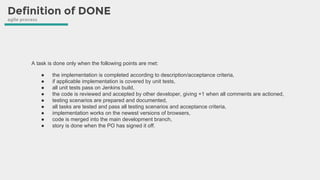 Definition of DONE
agile process
A task is done only when the following points are met:
● the implementation is completed according to description/acceptance criteria,
● if applicable implementation is covered by unit tests,
● all unit tests pass on Jenkins build,
● the code is reviewed and accepted by other developer, giving +1 when all comments are actioned,
● testing scenarios are prepared and documented,
● all tasks are tested and pass all testing scenarios and acceptance criteria,
● implementation works on the newest versions of browsers,
● code is merged into the main development branch,
● story is done when the PO has signed it off.
 