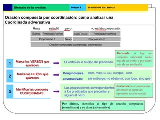 Marca los VERBOS que aparecen. Rosa  estudió  pero  no estaba preparada .  1 Proposición 1 Nexo Predicado Nominal El verbo es el núcleo del predicado. Recuerda : si hay un conjunto oracional habrá más de un verbo y por tanto más de un predicado. Marca los NEXOS que aparecen. 2 Recuerda : las conjunciones adversativas expresan oposición total o parcial.  3 Identifica las oraciones COORDINADAS. Las proposiciones correspondientes a los predicados que preceden y siguen al nexo Oración compuesta coordinada, adversativa pero, mas  (sin tilde),  aunque,  sino, sin embargo, no obstante, con todo, sino que Conjunciones  adversativas: Sujeto  (Rosa)   Predicado Verbal Sujeto Proposición 2 Oración compuesta por coordinación: cómo analizar una  Coordinada adversativa Sintaxis de la oración Imagen 8 ESTUDIO DE LA LENGUA Por último, identifica el tipo de oración compuesta (coordinada) y su clase (adversativa)  