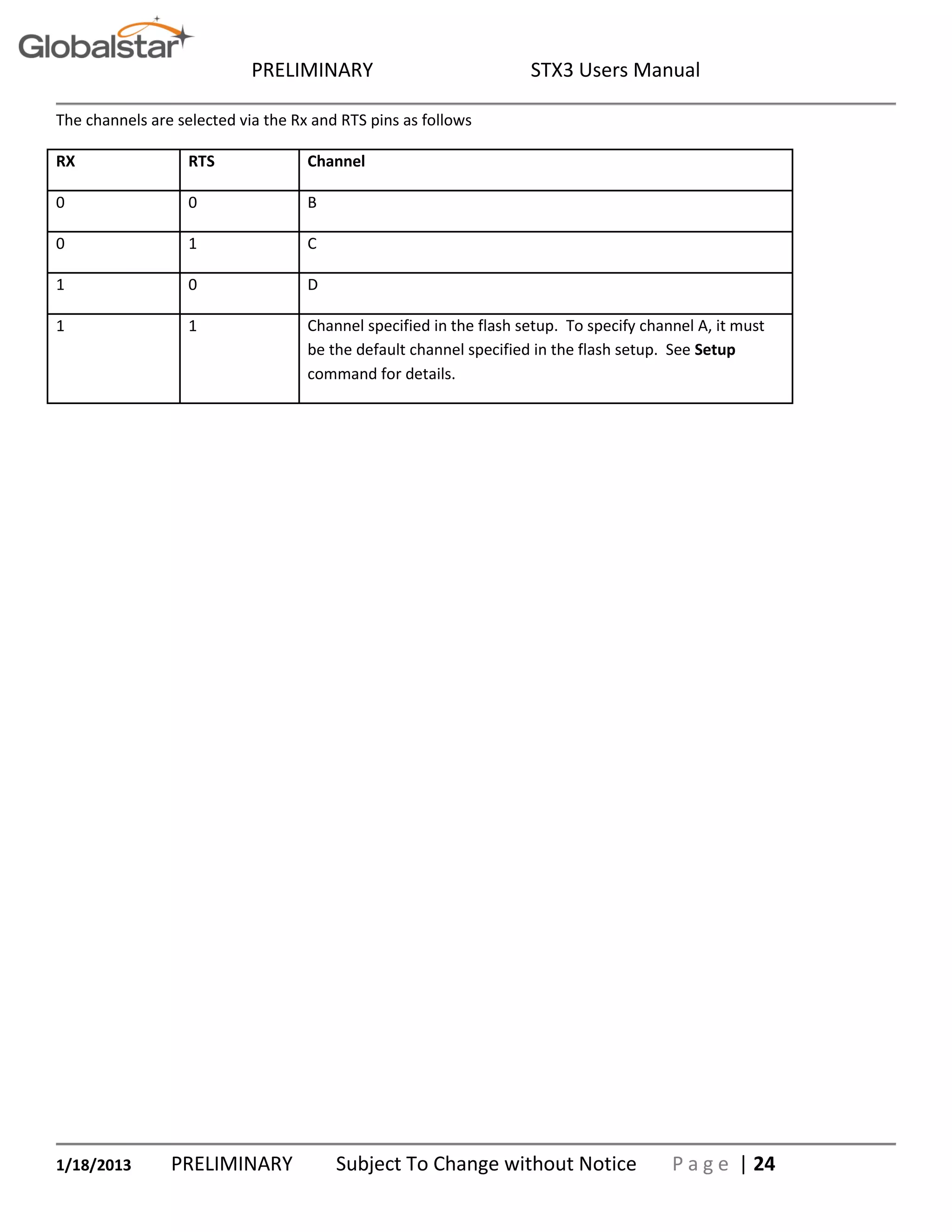 PRELIMINARY STX3 Users Manual
1/18/2013 PRELIMINARY Subject To Change without Notice P a g e | 24
The channels are selected via the Rx and RTS pins as follows
RX RTS Channel
0 0 B
0 1 C
1 0 D
1 1 Channel specified in the flash setup. To specify channel A, it must
be the default channel specified in the flash setup. See Setup
command for details.
 