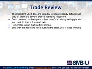 Trade Review
● The important LT, 2-day, and intraday levels are clearly defined; just
play off them and cover if they’re not being respected
● Don’t overreact to the tape -- unless there’s an all-day selling pattern
just use it to time entries and exits
● Remember to use multiple timeframes
● Stay with the trade and keep pushing the stock until it stops working
Visit smbu.com/winning, email info@smbcap.com or call 646.560.5953 for more information
 