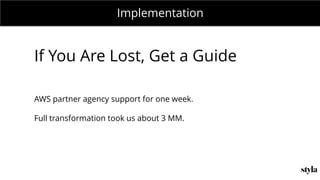 MONDAY MEETING
IN CHARGE:Implementation
If You Are Lost, Get a Guide
AWS partner agency support for one week.
Full transformation took us about 3 MM.
 
