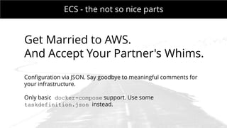 MONDAY MEETING
IN CHARGE:ECS - the not so nice parts
Get Married to AWS.
And Accept Your Partner's Whims.
Configuration via JSON. Say goodbye to meaningful comments for
your infrastructure.
Only basic docker-compose support. Use some
taskdefinition.json instead.
 