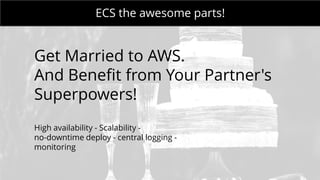 MONDAY MEETING
IN CHARGE:ECS the awesome parts!
Get Married to AWS.
And Benefit from Your Partner's
Superpowers!
High availability - Scalability -
no-downtime deploy - central logging -
monitoring
 