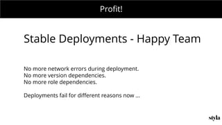 MONDAY MEETING
IN CHARGE:Profit!
Stable Deployments - Happy Team
No more network errors during deployment.
No more version dependencies.
No more role dependencies.
Deployments fail for different reasons now ...
 