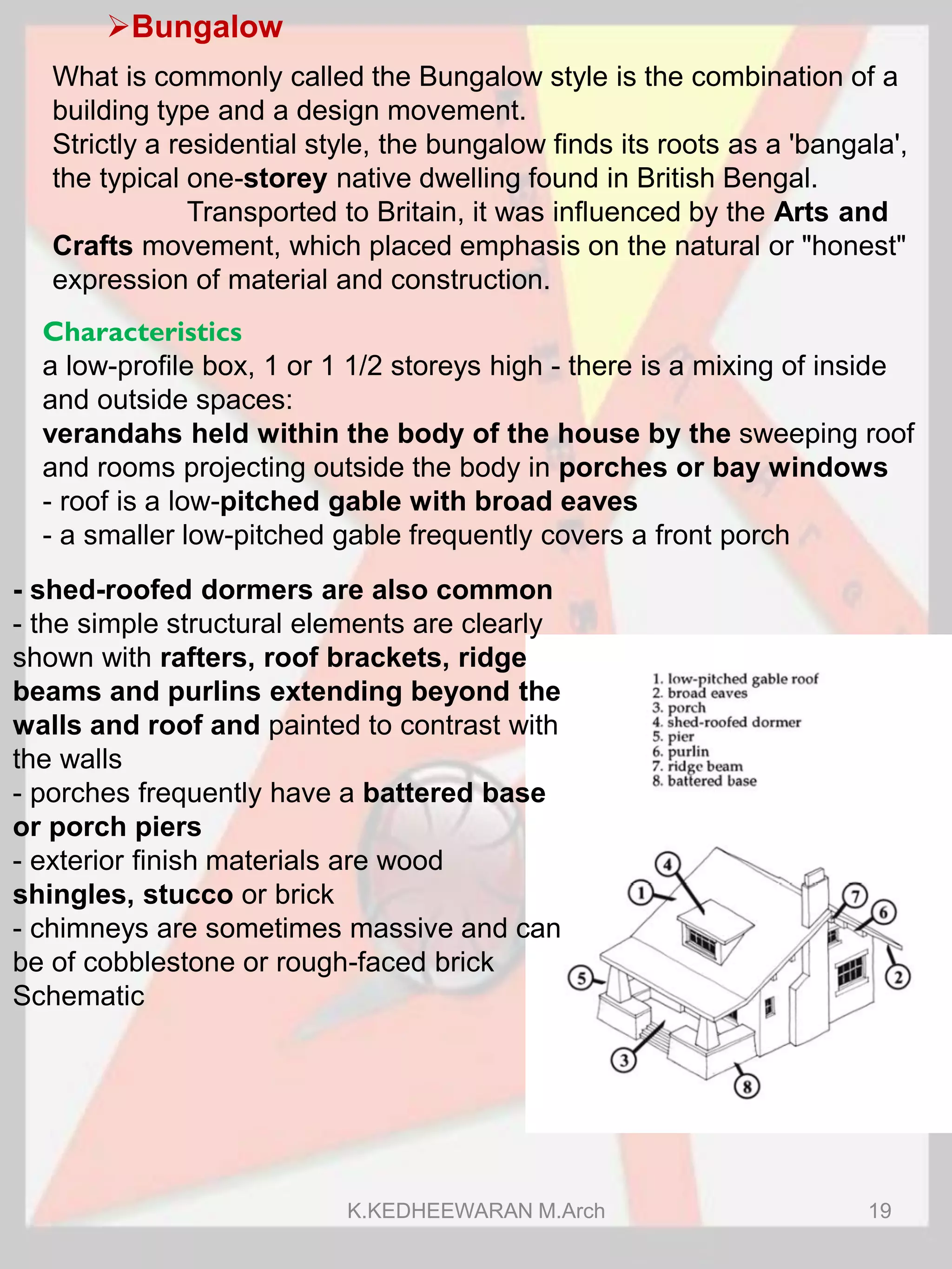 Bungalow
Characteristics
a low-profile box, 1 or 1 1/2 storeys high - there is a mixing of inside
and outside spaces:
verandahs held within the body of the house by the sweeping roof
and rooms projecting outside the body in porches or bay windows
- roof is a low-pitched gable with broad eaves
- a smaller low-pitched gable frequently covers a front porch
What is commonly called the Bungalow style is the combination of a
building type and a design movement.
Strictly a residential style, the bungalow finds its roots as a 'bangala',
the typical one-storey native dwelling found in British Bengal.
Transported to Britain, it was influenced by the Arts and
Crafts movement, which placed emphasis on the natural or "honest"
expression of material and construction.
- shed-roofed dormers are also common
- the simple structural elements are clearly
shown with rafters, roof brackets, ridge
beams and purlins extending beyond the
walls and roof and painted to contrast with
the walls
- porches frequently have a battered base
or porch piers
- exterior finish materials are wood
shingles, stucco or brick
- chimneys are sometimes massive and can
be of cobblestone or rough-faced brick
Schematic
K.KEDHEEWARAN M.Arch 19
 