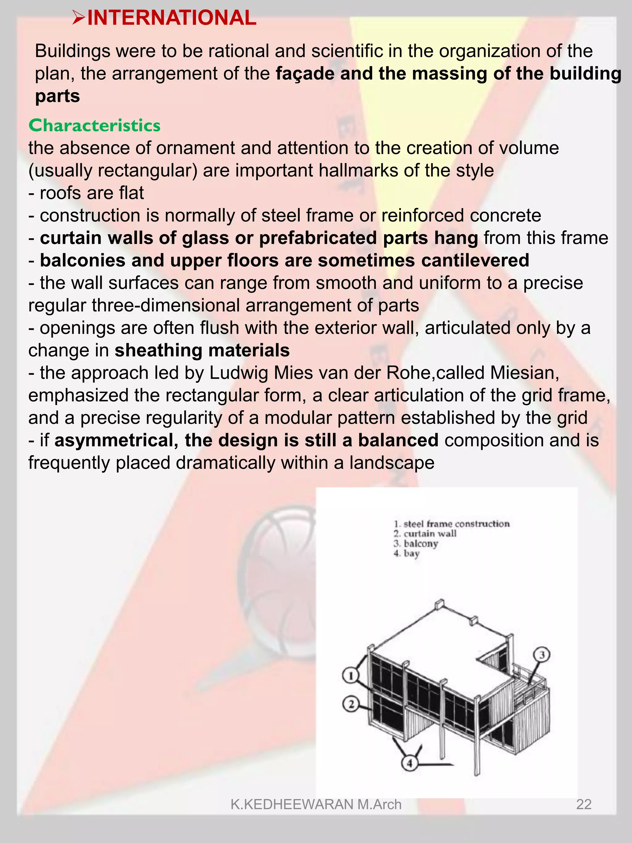 INTERNATIONAL
Buildings were to be rational and scientific in the organization of the
plan, the arrangement of the façade and the massing of the building
parts
Characteristics
the absence of ornament and attention to the creation of volume
(usually rectangular) are important hallmarks of the style
- roofs are flat
- construction is normally of steel frame or reinforced concrete
- curtain walls of glass or prefabricated parts hang from this frame
- balconies and upper floors are sometimes cantilevered
- the wall surfaces can range from smooth and uniform to a precise
regular three-dimensional arrangement of parts
- openings are often flush with the exterior wall, articulated only by a
change in sheathing materials
- the approach led by Ludwig Mies van der Rohe,called Miesian,
emphasized the rectangular form, a clear articulation of the grid frame,
and a precise regularity of a modular pattern established by the grid
- if asymmetrical, the design is still a balanced composition and is
frequently placed dramatically within a landscape
K.KEDHEEWARAN M.Arch 22
 