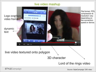 DIS2 Lord of the rings video 3D character live video textured onto polygon dynamic text Logo overlays video frame File format, FPS, compression & resolution vary depending on the connection speed or device. Source:  StyleCampaign’ DIS video live video mashup 