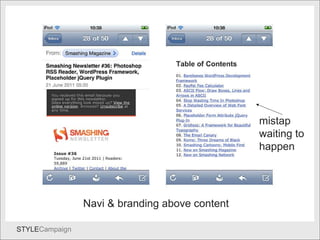 Elevate content 12% 530px visible on 1 st  screen Navi & branding above content mistap waiting to happen 
