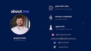 about me
grayson hicks
front-end developer
greenville roots
Graduated from The Iron Yard in 2016.
ed-tech in asheville
Swiss-army knife developer.
agency life
Front-end developer for Mediacurrent.
@jamesgraysonhicks
grayson.hicks@mediacurrent.com
graysonhicks
@graysonhicks
 