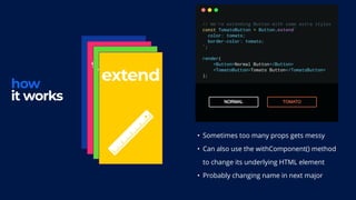 props
< />
tagged
template
literals
``
how
it works
styled
function
{ }
extend
• Sometimes too many props gets messy
• Can also use the withComponent() method
to change its underlying HTML element
• Probably changing name in next major
 
