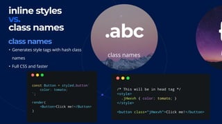 {
i
inline styles 
vs.
class names
class names
• Generates style tags with hash class  
names
• Full CSS and faster
.abc
class names
 