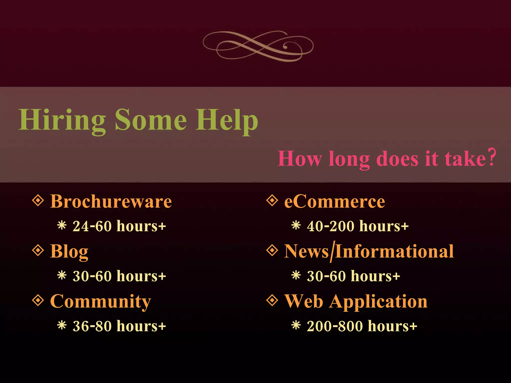 Hiring Some Help Brochureware 24-60 hours+ Blog 30-60 hours+ Community 36-80 hours+ eCommerce 40-200 hours+ News/Informational 30-60 hours+ Web Application 200-800 hours+ How long does it take? 