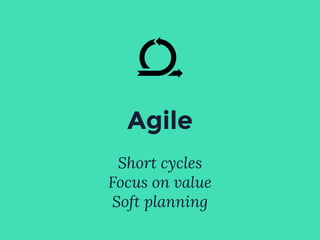 Agile
Short cycles
Focus on value
Soft planning
 