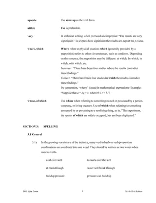 SPE Style Guide 7 2015–2016 Edition
upscale Use scale up as the verb form.
utilize Use is preferable.
very In technical writing, often overused and imprecise: “The results are very
significant.” To express how significant the results are, report the p-value.
where, which Where refers to physical location; which (generally preceded by a
preposition) refers to other circumstances, such as condition. Depending
on the sentence, the preposition may be different: at which, by which, in
which, with which, etc.
Incorrect: “There have been four studies where the results contradict
these findings.”
Correct: “There have been four studies in which the results contradict
these findings.”
By convention, “where” is used in mathematical expressions (Example:
“Suppose that a = bq + r, where 0  r < b.”)
whose, of which Use whose when referring to something owned or possessed by a person,
company, or living creature. Use of which when referring to something
possessed by or pertaining to a nonliving thing, as in, "The experiment,
the results of which are widely accepted, has not been duplicated."
SECTION 3: SPELLING
3.1 General
3.1a In the growing vocabulary of the industry, many verb/adverb or verb/preposition
combinations are combined into one word. They should be written as two words when
used as verbs.
workover well to work over the well
at breakthrough water will break through
buildup pressure pressure can build up
 