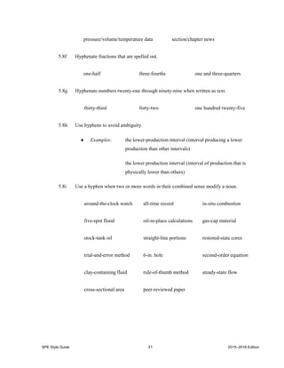 SPE Style Guide 21 2015–2016 Edition
pressure/volume/temperature data section/chapter news
5.8f Hyphenate fractions that are spelled out.
one-half three-fourths one and three-quarters
5.8g Hyphenate numbers twenty-one through ninety-nine when written as text.
thirty-third forty-two one hundred twenty-five
5.8h Use hyphens to avoid ambiguity.
 Examples: the lower-production interval (interval producing a lower
production than other intervals)
the lower production interval (interval of production that is
physically lower than others)
5.8i Use a hyphen when two or more words in their combined sense modify a noun.
around-the-clock watch all-time record in-situ combustion
five-spot flood oil-in-place calculations gas-cap material
stock-tank oil straight-line portions restored-state cores
trial-and-error method 6-in. hole second-order equation
clay-containing fluid rule-of-thumb method steady-state flow
cross-sectional area peer-reviewed paper
 