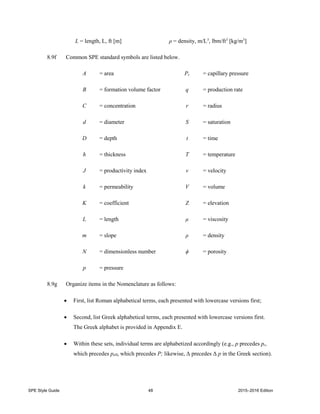 SPE Style Guide 48 2015–2016 Edition
L = length, L, ft [m] ρ = density, m/L3
, lbm/ft3
[kg/m3
]
8.9f Common SPE standard symbols are listed below.
A = area Pc = capillary pressure
B = formation volume factor q = production rate
C = concentration r = radius
d = diameter S = saturation
D = depth t = time
h = thickness T = temperature
J = productivity index v = velocity
k = permeability V = volume
K = coefficient Z = elevation
L = length μ = viscosity
m = slope ρ = density
N = dimensionless number ϕ = porosity
p = pressure
8.9g Organize items in the Nomenclature as follows:
 First, list Roman alphabetical terms, each presented with lowercase versions first;
 Second, list Greek alphabetical terms, each presented with lowercase versions first.
The Greek alphabet is provided in Appendix E.
 Within these sets, individual terms are alphabetized accordingly (e.g., p precedes pc,
which precedes peff, which precedes P; likewise, Δ precedes Δ p in the Greek section).
 