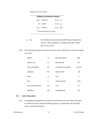 SPE Style Guide 57 2015–2016 Edition
Sample Conversion Table:
SI Metric Conversion Factors
bbl  1.589 873 E–01 = m3
ft  3.048* E–01 = m
hp  7.460 43 E–01 = kW
* Conversion factor is exact.
 Note: The SI Metric System of Units and SPE Metric Standard, the
Society’s official standard, is available on the SPE website,
http://www.spe.org.
8.12c The following units apply in both the customary system and SI metrics and do not require
conversion.
ampere A parts per million ppm
capture unit c.u. porosity unit p.u.
cubic centimeters cm3
revolutions per minute rev/min
frequency Hz shots per foot spf
gram g volt V
liter L volume percent vol%
micron (micrometer) μm watt W
millidarcy md weight percent wt%
8.13 Author Biographies
8.13a A biographical paragraph for each author is located at the end of the body of the paper.
An author bio should contain the following elements, as applicable to the individual
author, in the order listed here:
 