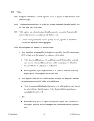 SPE Style Guide 60 2015–2016 Edition
8.15 Tables
8.15a For papers submitted to a journal, any tables should be grouped in order of citation at the
end of the paper.
8.15b Tables should be numbered with Arabic, not Roman, numerals in the order in which they
are cited in the body of the paper.
8.15c Table captions and column headings should be as concise as possible. Punctuate table
captions like sentences, and capitalize only the first word.
 Column headings sometimes indicate quantity and unit, separated by parentheses,
with the unit abbreviated where appropriate.
8.15d Formatting (see also Appendix G: Sample Tables)
 Size: If possible, tables should be designed to occupy either the width of one column
(3.33 in./20pi) or the full width of two columns (6.83 in./41pi).
 Table sizes should be chosen with readability in mind. If either of the preferred
one- and two-column widths would make a table look awkward or difficult to
read, a width of 5 in. (30pi) may be used instead.
 Extra-large tables, especially those meant to be viewed in landscape mode, may
require special formatting on a case-by-case basis.
 Font: 8-point Arial or Helvetica for all captions, headings, and body copy. Footnotes
or other notes should be in 6.5-point Arial or Helvetica.
 Table footnotes should be listed at the bottom of the table, under the main body of
the table but before the table caption. Follow footnote labeling guidelines as
described in Section 8.11.2.
 Text
 Column headings should be capitalized and center-aligned. If the column data is
left-aligned, however, then the heading for that column should be left-aligned as
well.
 