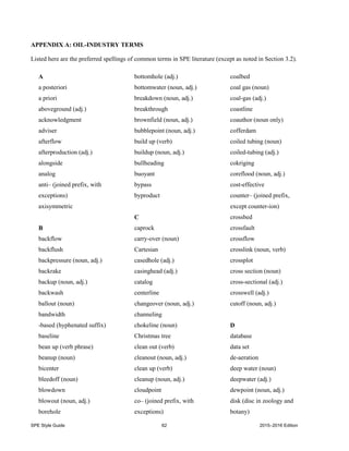 SPE Style Guide 62 2015–2016 Edition
APPENDIX A: OIL-INDUSTRY TERMS
Listed here are the preferred spellings of common terms in SPE literature (except as noted in Section 3.2).
A
a posteriori
a priori
aboveground (adj.)
acknowledgment
adviser
afterflow
afterproduction (adj.)
alongside
analog
anti– (joined prefix, with
exceptions)
axisymmetric
B
backflow
backflush
backpressure (noun, adj.)
backrake
backup (noun, adj.)
backwash
ballout (noun)
bandwidth
-based (hyphenated suffix)
baseline
bean up (verb phrase)
beanup (noun)
bicenter
bleedoff (noun)
blowdown
blowout (noun, adj.)
borehole
bottomhole (adj.)
bottomwater (noun, adj.)
breakdown (noun, adj.)
breakthrough
brownfield (noun, adj.)
bubblepoint (noun, adj.)
build up (verb)
buildup (noun, adj.)
bullheading
buoyant
bypass
byproduct
C
caprock
carry-over (noun)
Cartesian
casedhole (adj.)
casinghead (adj.)
catalog
centerline
changeover (noun, adj.)
channeling
chokeline (noun)
Christmas tree
clean out (verb)
cleanout (noun, adj.)
clean up (verb)
cleanup (noun, adj.)
cloudpoint
co– (joined prefix, with
exceptions)
coalbed
coal gas (noun)
coal-gas (adj.)
coastline
coauthor (noun only)
cofferdam
coiled tubing (noun)
coiled-tubing (adj.)
cokriging
coreflood (noun, adj.)
cost-effective
counter– (joined prefix,
except counter-ion)
crossbed
crossfault
crossflow
crosslink (noun, verb)
crossplot
cross section (noun)
cross-sectional (adj.)
crosswell (adj.)
cutoff (noun, adj.)
D
database
data set
de-aeration
deep water (noun)
deepwater (adj.)
dewpoint (noun, adj.)
disk (disc in zoology and
botany)
 