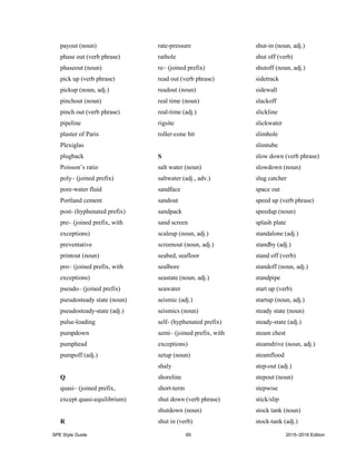 SPE Style Guide 65 2015–2016 Edition
payout (noun)
phase out (verb phrase)
phaseout (noun)
pick up (verb phrase)
pickup (noun, adj.)
pinchout (noun)
pinch out (verb phrase)
pipeline
plaster of Paris
Plexiglas
plugback
Poisson’s ratio
poly– (joined prefix)
pore-water fluid
Portland cement
post- (hyphenated prefix)
pre– (joined prefix, with
exceptions)
preventative
printout (noun)
pro– (joined prefix, with
exceptions)
pseudo– (joined prefix)
pseudosteady state (noun)
pseudosteady-state (adj.)
pulse-loading
pumpdown
pumphead
pumpoff (adj.)
Q
quasi– (joined prefix,
except quasi-equilibrium)
R
rate-pressure
rathole
re– (joined prefix)
read out (verb phrase)
readout (noun)
real time (noun)
real-time (adj.)
rigsite
roller-cone bit
S
salt water (noun)
saltwater (adj., adv.)
sandface
sandout
sandpack
sand screen
scaleup (noun, adj.)
screenout (noun, adj.)
seabed, seafloor
sealbore
seastate (noun, adj.)
seawater
seismic (adj.)
seismics (noun)
self- (hyphenated prefix)
semi– (joined prefix, with
exceptions)
setup (noun)
shaly
shoreline
short-term
shut down (verb phrase)
shutdown (noun)
shut in (verb)
shut-in (noun, adj.)
shut off (verb)
shutoff (noun, adj.)
sidetrack
sidewall
slackoff
slickline
slickwater
slimhole
slimtube
slow down (verb phrase)
slowdown (noun)
slug catcher
space out
speed up (verb phrase)
speedup (noun)
splash plate
standalone (adj.)
standby (adj.)
stand off (verb)
standoff (noun, adj.)
standpipe
start up (verb)
startup (noun, adj.)
steady state (noun)
steady-state (adj.)
steam chest
steamdrive (noun, adj.)
steamflood
step-out (adj.)
stepout (noun)
stepwise
stick/slip
stock tank (noun)
stock-tank (adj.)
 