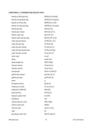 SPE Style Guide 70 2015–2016 Edition
APPENDIX C: COMMON OILFIELD UNITS
barrels of fluid per day BFPD [m3
/d fluid]
barrels of liquid per day BLPD [m3
/d liquid]
barrels of oil per day BOPD [m3
/d oil]
barrels of water per day BWPD [m3
/d water]
barrels per day B/D [m3
/d]
barrels per minute bbl/min [m3
/s]
billion cubic feet Bcf [109
m3
]
billion cubic feet per day Bcf/D [109
m3
/d]
cubic feet per barrel ft3
/bbl [m3
/m3
]
cubic feet per day ft3
/D [m3
/d]
cubic feet per minute ft3
/min [m3
/s]
cubic feet per pound mass ft3
/lbm [m3
/kg]
cubic feet per second ft3
/sec [m3
/s]
cubic yard cu yd
darcy (spell out)
dead-weight ton DWT [Mg]
feet per minute ft/min [m/s]
feet per second ft/sec [m/s]
foot-pound lbf-ft or ft-lbf [J]
gallons per minute gal/min [m3
/s]
gallons per day gal/D [m3
/d]
gram g
horsepower-hour hp-hr [J]
inches per second in./sec [cm/s]
kilopond (1,000 lbf) klbf [N]
kilowatt hour kW-hr [J]
kips per square inch ksi [Pa]
millidarcy md
million electron volts MeV [MJ]
million cubic feet MMcf
mils per year mil/yr [ m/a]
ohm Ω
pound per cubic foot lbm/ft3
[kg/m3
]
 