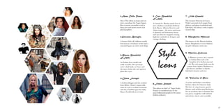 17
1.Anna Dello Russo
She is The editor-at-large and cre-
ative consultant for Vogue Japan.
Her eccentric ensembles tend to
drop jaws and incite street style
photographers.
2.Giovanna Battaglia
A former Dolce & Gabbana model,
Giovanna is a freelance stylist and a
constant figure on street-style blogs
.
3.Bianca Brandolini
D’Adda
An Italian-born model and
noble socialite. Her personal
style is laid-back, yet luxe, and
she mixes boho-chic and uptown
glam like a pro.
4.Chiara Ferragni
A fashion blogger and law student
from Milan. Chiara’s impeccable
sense of style is evident to anyone
who has stumbled upon her daily
blog or Lookbook.nu account.
5. Coco Brandolini
D’Adda
A Central St. Martins grad, Coco is
now a fashion consultant forOscar
de la Renta, Alberta Ferretti, and
Adam Lippes. she mixes aristocrat-
ic glamour and bohemian charm,
and can often be snapped wearing
high-low cocktails of designer and
vintage clothing.
6.Franca Sozzani
The editor-in-chief of  Vogue Italia,
Franca is considered one of the
most influential people in the entire
fashion industry.
7. Frida Giannini
The Creative Director of  Gucci.
Frida’s personal style ranges from
glittery and glam to polished and
laid-back, but always with a sophis-
ticated edge.
8. Margherita Missoni
The heiress to the Missoni fashion
house: Margherita is every bohemi-
an girl’s ultimate style icon.
9. Martina Codecasa
A Milanese actress; she’s starred
in Italian films and is the
daughter of a fashion journal-
ist, Her red-carpet looks run the
gamut from Audrey Hepburn-es-
que dresses and flats to louche,
laid-back trousers and tees.
10. Valentina di Pinto
A stylist and fashion consultant,
fashion editor for Glamour Italy.
Her love of crisp trousers, pretty
blouses, and architectural heels give
her an aesthetic that is feminine but
not prissy, tough but still tailored,
and always classic and covetable.
Style
Icons
 