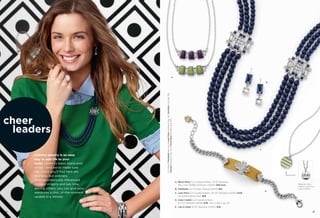 A

Colorful jewelry is an easy
way to add life to your
looks – even to basic black-andwhite – and we’ve made sure
the colors you’ll ﬁnd here are
anything but ordinary.
With geometrically inﬂuenced
designs in berry and key lime,
among others, you can give your
wardrobe a chic, of-the-moment
update in a minute.

On Model: Flashbulb earrings & Lens Flare necklace (pg. 23), Socialite ring (pg. 26),
Format bracelets (pg. 44) & First Class bracelet (pg. 33)

B

C

E
Reversible

A. Block Party Cut Crystals & Resin, 16-19" Necklace,
Key Lime (35396); Mulberry (35394) $48 each.
B. Flashbulb Cut Crystals, Pierced (24141) $32.
C. Lens Flare Cut Crystals & Resin, 20-25" Necklace (32325) $128.
As Hostess Bonus Item $25.

Reverse View
Detail (Love You
Like a Sister)
D

D. Color Coded Cut Crystals & Resin,
6½-7½" Bracelet (14038) $78. Also in berry, pg. 25.
E. Like A Sister 16-19" Necklace (35347) $28.
22

23

 