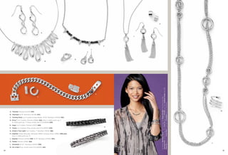 K

A
J

C

D

F
G
E

A. Twizzler Pierced (2C243) $34.
B. Interlope 16-19" Necklace (32L86) $42.
C. Turning Point Cut Crystals & Glass Beads, 16-19" Necklace (34349) $52.
D. Privy™ Cut Crystals, Pierced (23862) $32. Also in matte silver, pg. 7
& matte gold, pg. 71. Ring, whole sizes 5-9 (64659) $48.
E. Hugs Cut Crystals, Pierced (23213) $48.
F. Tulum Cut Crystals, Ring, whole sizes 6-10 (65675) $78.
G. Kristy's True Light Cut Crystals, 7" Bracelet (13004) $62.
H. Interlink Stretch Bracelet, Hematite (13B51); Antique Silver (13B52) $38 each.
Also in matte gold, pg. 31.
J. Swanky Pierced (24100) $38. 16-19" Necklace (34304) $34.
K. Tufted Pierced (23162) $20.
L. Grommet 34-37" Necklace (33434) $58.
M. On A Roll Ring, whole sizes 6-10 (60693) $32.
34

H

On Model: Birthday Party™ earrings (pg. 21), Raise the Bar™ necklace (pg. 29),
Turning Point necklace (pg. 34), Love Ya (pg. 72), Format (pg. 44), Treasure Trove (pg. 69),
Charcoal (pg. 57), Cloud Nine™ (pg. 69) & Escalator (pg. 57) bracelets

B

M

L

35

 