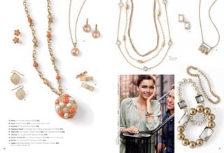 G




                                                                                            E
                      A




                                                                                                                                                                                                                                        H



                                                                                                                                                                                                                   F
                                                                                                                                                                                                                   Detachable
                                                                                                                                                                                                                   Necklaces




                                                                                                    Fairest of Them All earrings, Dancer necklace, Vanity bracelet sets (pg. 31) & Peaches & Cream ring (pg. 30)
                                                                                                D


                                                                                        C




                            B




                                                                                                                                                                                                                                    J




     A. Posey Cut Crystals, Pierced (23166) $26.
     B. Diary Pierced (22283) $24. Also in matte silver, pg. 85.
     C. Empress 36-39" Necklace (34306) $98.
     D. Peaches & Cream Cut Crystals, Set of 3 Rings, whole sizes 5-11 (63690) $78.
     E. Peach Fizz Cut Crystals, Pierced (23103) $58. 18-21" Necklace (33340) $48.
     F. The One Cut Crystals, 16-19" Necklace (33341) $78.
     G. Fairest of Them All Cut Crystals, Pierced (23167) $32. Also in silver, pg. 8.
                                                                                                    On Model:




     H. Dancer Cut Crystal, 16-19" Necklace (33426) $44.
     J. Vanity Glass Pearls & Resin, Set of 3 Stretch Bracelets (13062) $98.
        Also in matte silver, pg. 32.

30                                                                                                                                                                                                                                          31
 