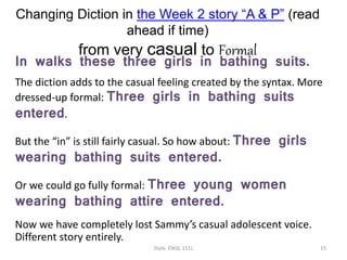 Changing Diction in the Week 2 story “A & P” (read
ahead if time)
from very casual to Formal
In walks these three girls in bathing suits.
The diction adds to the casual feeling created by the syntax. More
dressed-up formal: Three girls in bathing suits
entered.
But the “in” is still fairly casual. So how about: Three girls
wearing bathing suits entered.
Or we could go fully formal: Three young women
wearing bathing attire entered.
Now we have completely lost Sammy’s casual adolescent voice.
Different story entirely.
Style. ENGL 151L 15
 