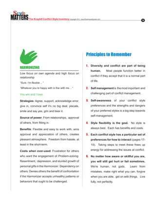 MATTERS     The Kraybill Conflict Style Inventory Copyright.2011..www.RiverhouseEpress.com                                   14




                                                                          Principles to Remember

                                                                          1 . Diversity and conflict are part of being
   HARMONIZING
                                                                               human.        Most people function better in
   Low focus on own agenda and high focus on
                                                                               conflict.if.they.accept.that.it.is.a.normal.part.
   relationship
                                                                               of life.
   “Sure, I’m flexible ...”

   “Whatever you’re happy with is fine with me....“                       2. Self management is the most important and

   You win and I lose.                                                         challenging.part.of.conflict.management.

   Strategies: Agree, support, acknowledge error,                         3. Self-awareness            of. your. conflict. style.
   give in, convince self it’s no big deal, placate,                           preferences and the strengths and dangers
   smile and say yes, grin and bear it.                                        of your preferred styles is a big step towards
                                                                               self-management.
   Source of power: From relationships, approval
   of.others,.from.fitting.in.                                            4. Style flexibility is the goal. No style is

   Benefits: Flexible and easy to work with, wins                              always.best...Each.has.benefits.and.costs.

   approval and appreciation of others, creates                           5 . Each conflict style has a particular set of
   pleasant atmosphere. Freedom from hassle, at                                preferences for how to interact (pages.17-
   least.in.the.short-term.                                                    19). Taking steps to meet these frees up

   Costs when over-used: Frustration for others                                energy.for.addressing.the.issues.at.conflict..
                                                                                                                            .

   who want the engagement of Problem-solving.                            6. No matter how aware or skillful you are,
   Resentment, depression, and stunted growth of                               you will still get hurt or fail sometimes.
   personal gifts in the Harmonizer. Dependency on                             We're human, not gods.              Learn from
   others..Denies.others.the.benefit.of.confrontation.                         mistakes, make right what you can, forgive
   if the Harmonizer accepts unhealthy patterns or                             when you are able, get on with things. Live
   behaviors that ought to be challenged.                                      fully, not perfectly.
 