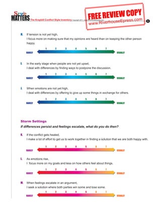 MATTERS                                                                  FREE REVIseWresO.coY
                                                                                  E C Pm
                                                                                 u Ep s
           The Kraybill Conflict Style Inventory Copyright.2011..www.RiverhouseEpress.com
                                                                         w w w.Riverho
                                                                                                          5




   H.   If tension is not yet high,
        I focus more on making sure that my opinions are heard than on keeping the other person
        happy.
                           1         2          3         4          5          6           7
        RARELY                                                                                  USUALLY



   I.     In the early stage when people are not yet upset,
   .    . I.deal.with.differences.by.finding.ways.to.postpone.the.discussion.

                           1         2          3         4          5          6           7
        RARELY                                                                                  USUALLY



   J.   When emotions are not yet high,
        I deal with differences by offering to give up some things in exchange for others.

                           1         2          3         4          5          6           7
        RARELY                                                                                  USUALLY




   Storm Settings
   If differences persist and feelings escalate, what do you do then?

   K.. ..If.the.conflict.gets.heated,
   . . I.make.a.lot.of.effort.to.get.us.to.work.together.in.finding.a.solution.that.we.are.both.happy.with.

                           1         2          3         4          5          6           7
        RARELY                                                                                  USUALLY


   L.   As emotions rise,
        I focus more on my goals and less on how others feel about things.

                           1         2          3         4          5          6           7
        RARELY                                                                                  USUALLY



   M.   When feelings escalate in an argument,
        I seek a solution where both parties win some and lose some.
                           1         2          3         4          5          6           7
        RARELY                                                                                  USUALLY
 