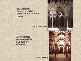 Arc polylobé :
Forme de multiples
découpures en arcs de
cercle

Arc à Saragosse

Arc superposé :
Arc composé de
plusieurs arcs
différents

Arc à Cordoue

 
