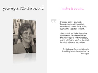 you’ve got 1/20 of a second.    make it count.


                               If people believe a website
                               looks good, then this positive
                               quality will spread to other areas,
                               such as the website’s content.

                               Since people like to be right, they
                               will continue to use the website
                               that made a good first impression,
                               as this will further confirm that their
                               initial decision was a good one.


                                 Dr. Lindgaard, Carleton University,
                                describing her 2006 research on the
                                                         halo effect
 