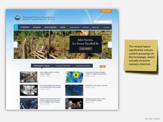 The revised layout
significantly reduces
content groupings on
the homepage, which
actually increases
memory retention.




             Booz | Allen | Hamilton
 
